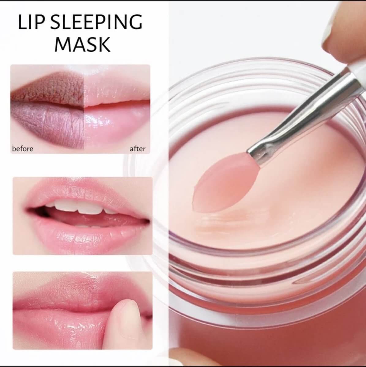 Lip sleeping mask with before and after results showing improved lip texture and glossiness.