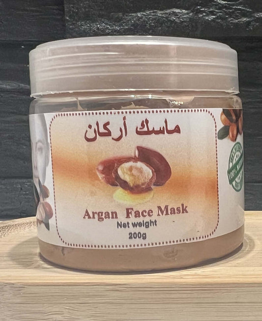 Jar of Argan Face Mask with argan nut image on label, 200g net weight.