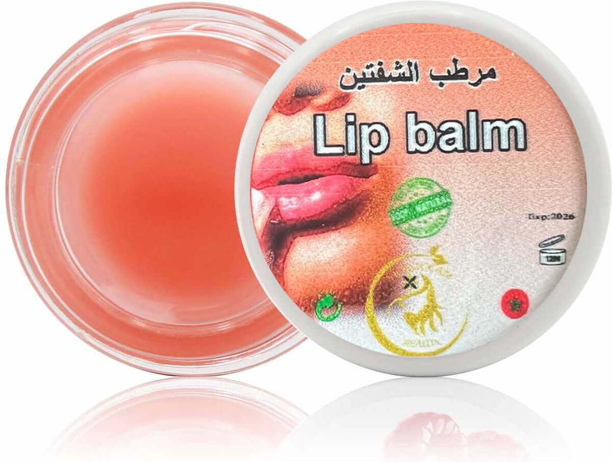 Luxury lip balm with rose, cocoa butter, vitamin E, and D-panthenol in a round open container showing a light pink hue.